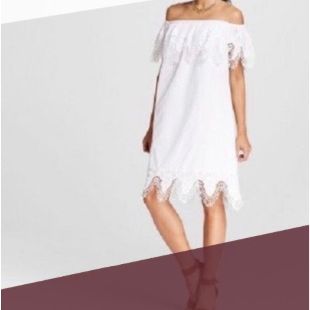 Boutique white eyelet lace scalloped off shoulder dress S flowy heirloom